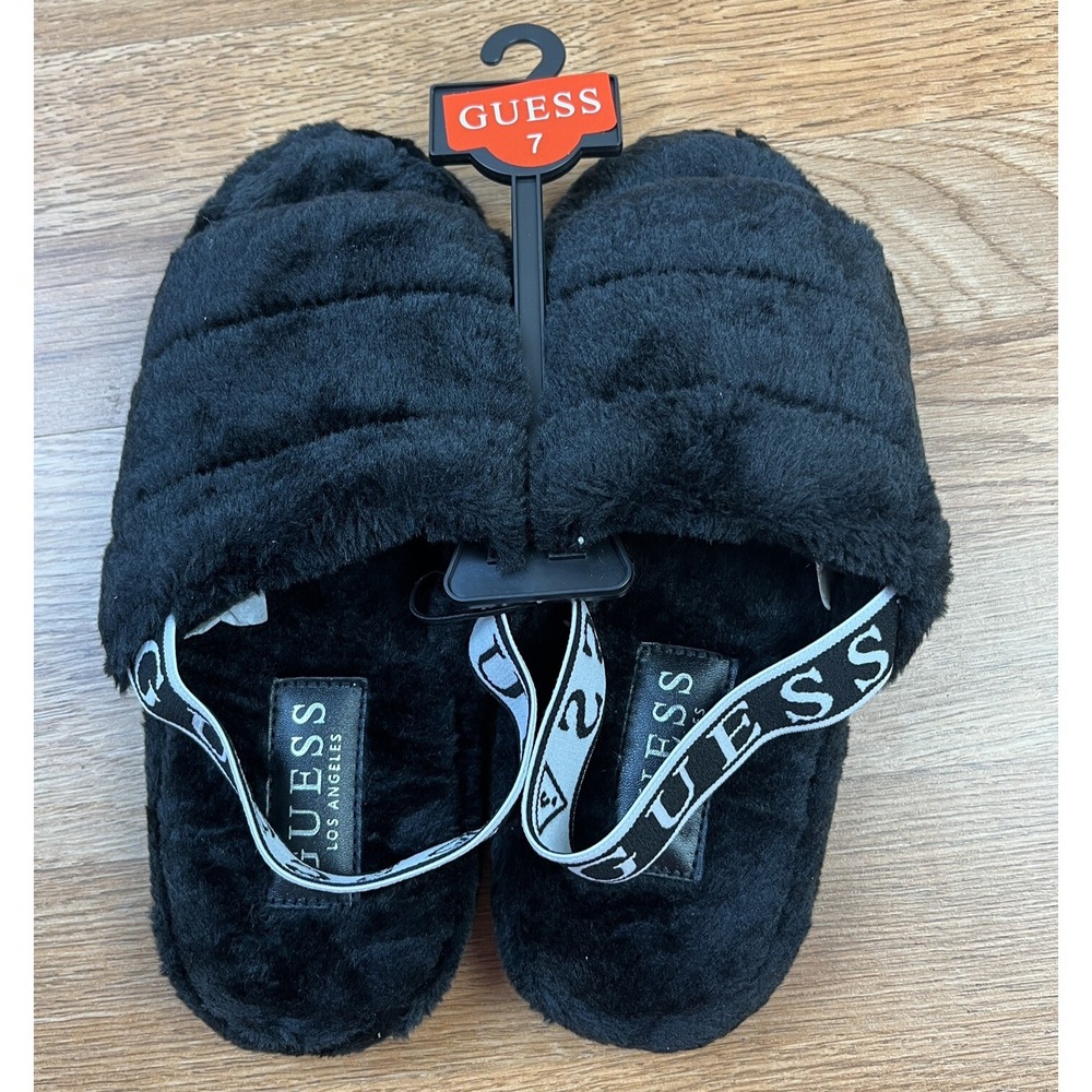 Guess Liddie Slippers Slides Faux Fur Black Size 7 Womens NEW